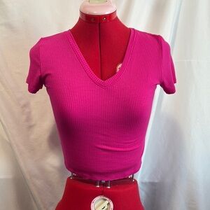 Active Basic Pink Ribbed Short Sleeve Crop Top SM467